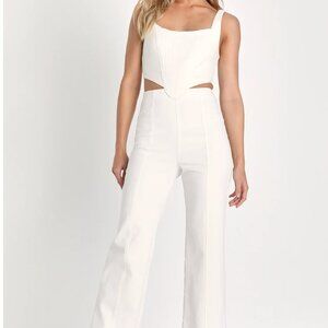 Lulus Perfect Icon Ivory Bustier Cutout Straight Leg Denim Jumpsuit